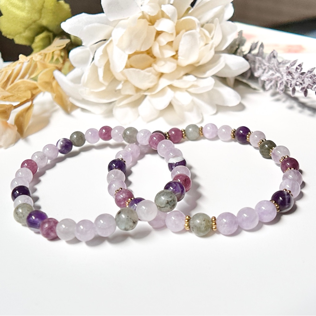 Strength + Balance + Peace Crystal Bead Bracelet Set Amethyst Labradorite Stack
